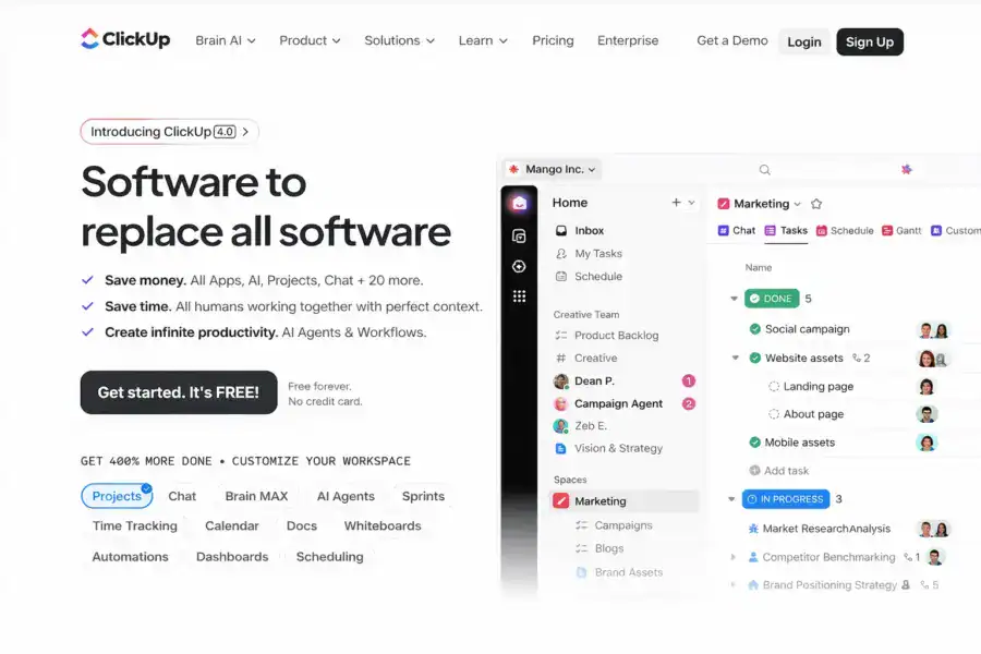 ClickUp homepage showing the platform's all-in-one project management value proposition