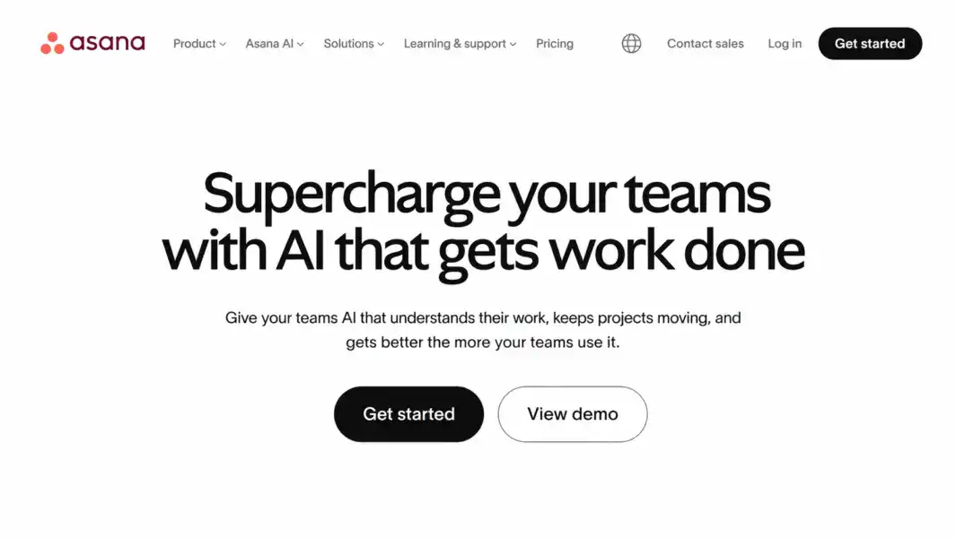 Asana homepage showing clean project management interface and workflow tools