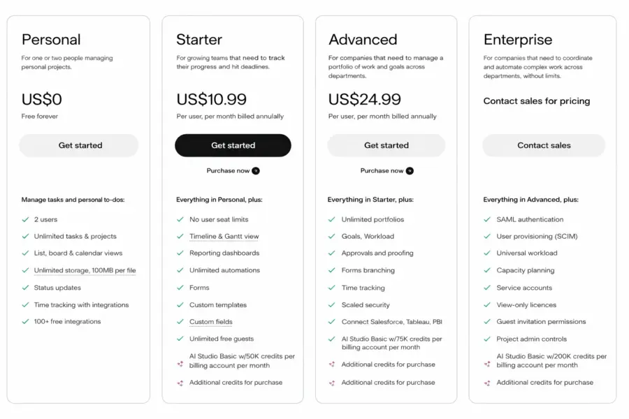Asana pricing plans showing Personal, Starter, Advanced, and Enterprise tiers