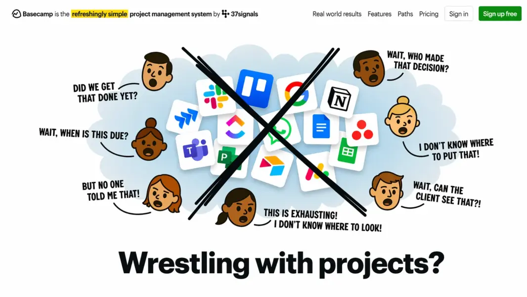 Basecamp homepage showing the platform's simplicity-focused project management approach
