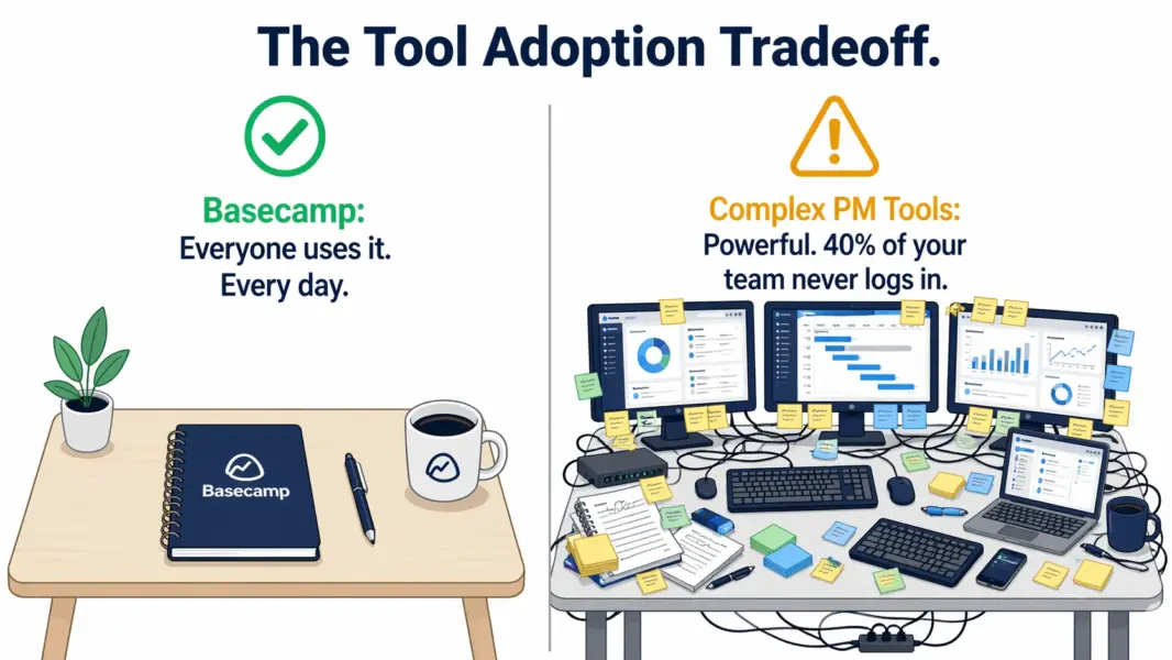 Illustration comparing Basecamp's simplicity with full team adoption versus complex PM tools where many team members never log in