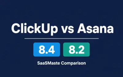 ClickUp vs Asana comparison by SaaSMaste showing ratings of 8.4 and 8.2