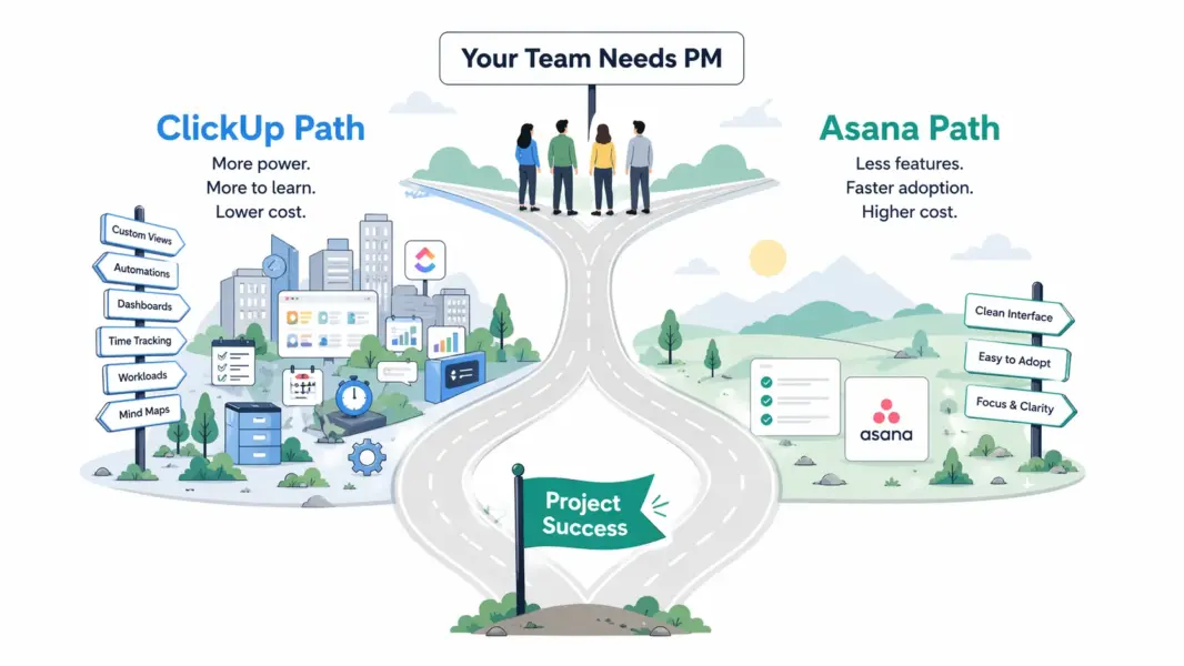 Illustration showing ClickUp as the feature-rich path and Asana as the simpler path, both leading to project success