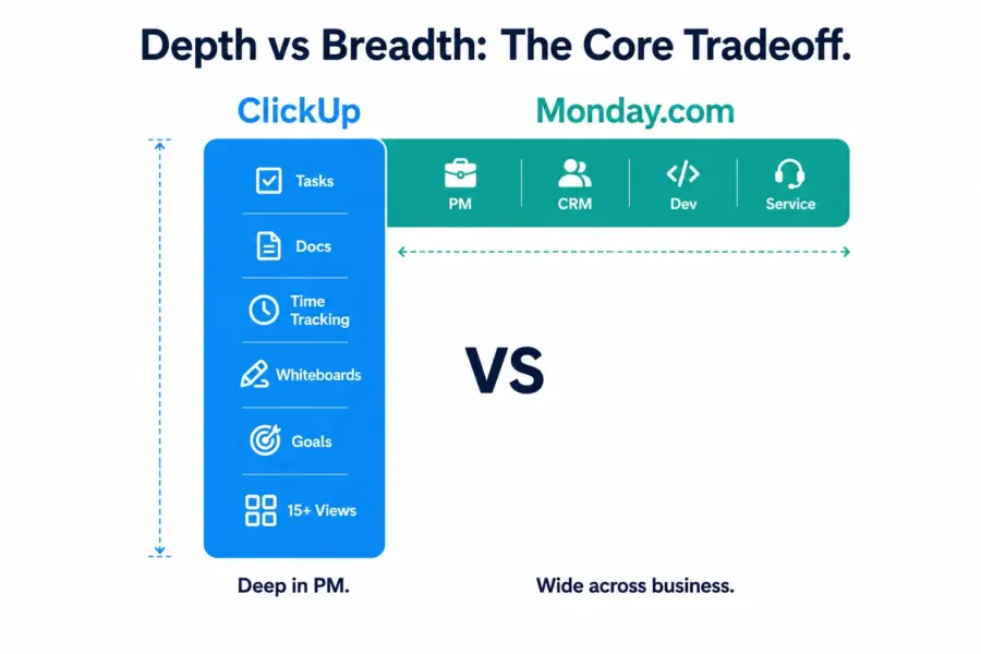 Diagram showing ClickUp as deep in project management features versus Monday.com as broad across business functions