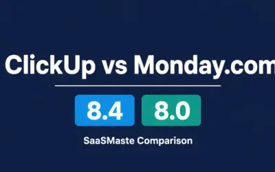 ClickUp vs Monday.com comparison by SaaSMaste showing ratings of 8.4 and 8.0