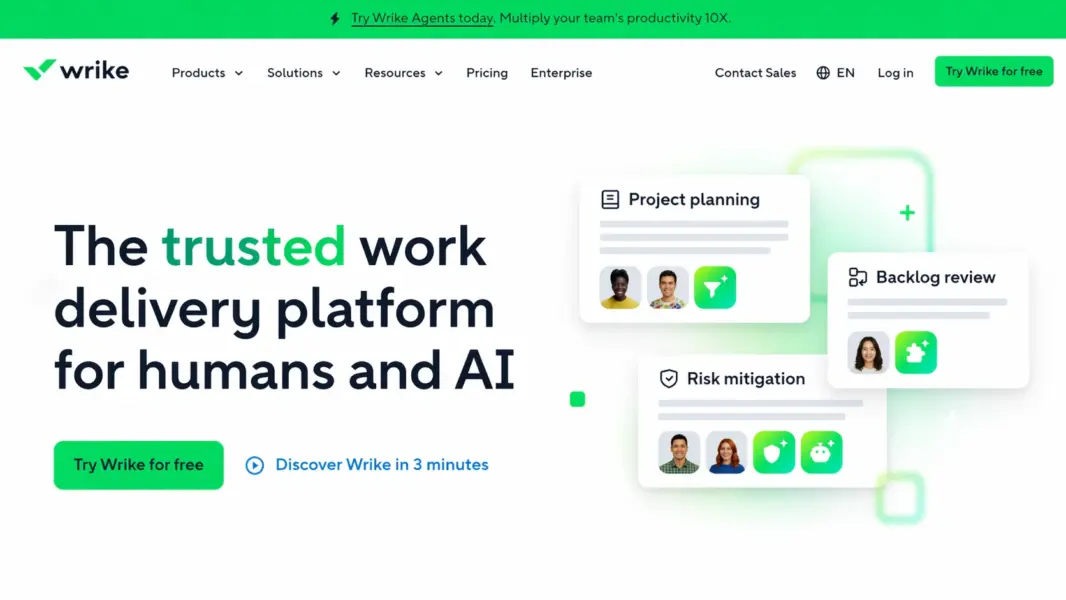 Wrike homepage showing enterprise project management platform capabilities