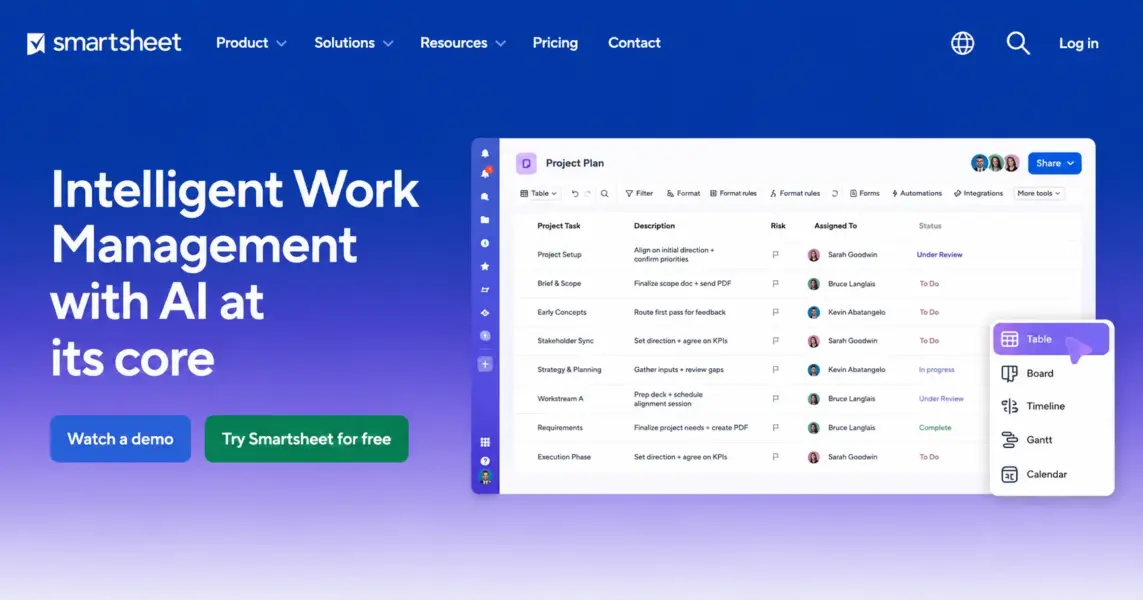 Smartsheet homepage showing the spreadsheet-based work management platform
