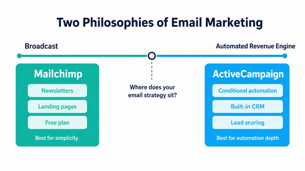 Spectrum showing Mailchimp positioned at the broadcast end for simplicity and ActiveCampaign at the automated revenue engine end for automation depth and CRM