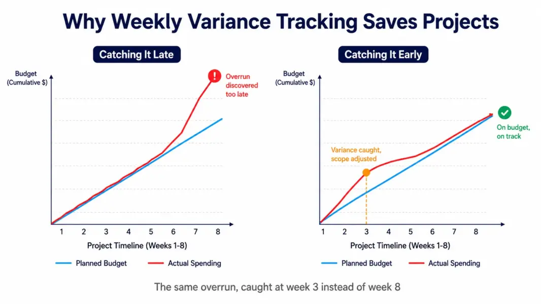 Two line graphs comparing a project budget overrun discovered too late at week 8 versus the same variance caught early at week 3 allowing scope adjustment to finish on budget