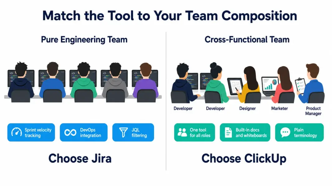 Visual decision guide showing Jira fits pure engineering teams while ClickUp fits cross-functional teams including designers, marketers, and product managers