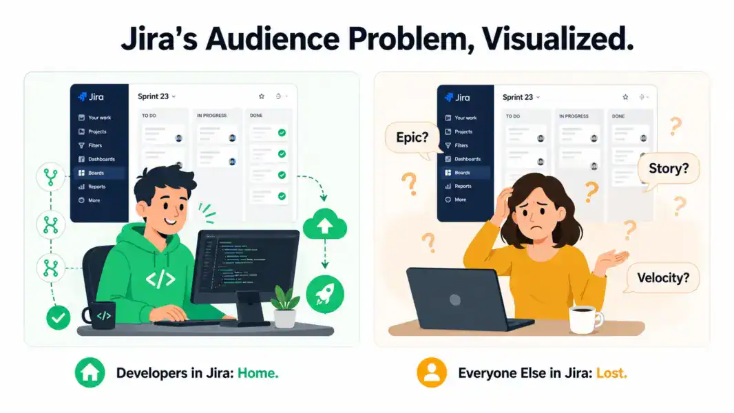 Illustration showing developers thriving in Jira while non-technical team members struggle with the developer-centric interface
