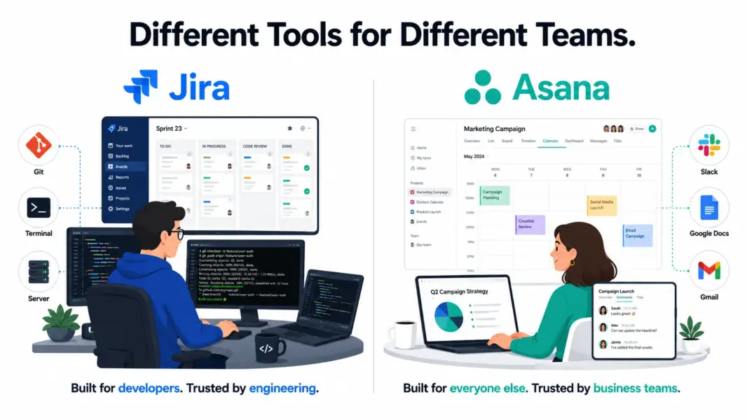 Illustration showing Jira designed for developers and Asana designed for general business teams
