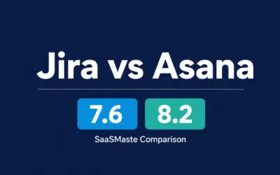 Jira vs Asana comparison by SaaSMaste showing ratings of 7.6 and 8.2