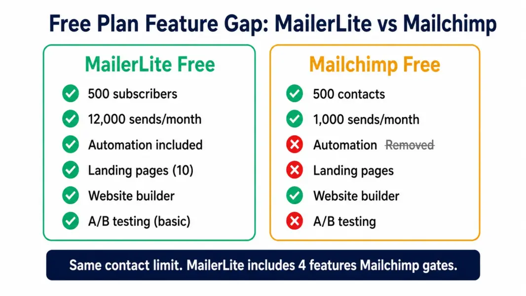 Side-by-side free plan comparison showing MailerLite includes automation, landing pages, A/B testing, and 12x more monthly sends than Mailchimp at the same 500-contact limit
