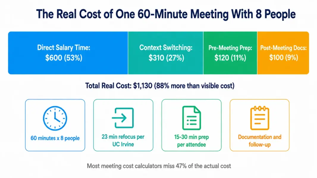 Infographic showing the real cost of a 60-minute meeting with 8 people breaks down into direct salary time, context switching, pre-meeting prep, and post-meeting documentation totaling 88% more than the visible cost