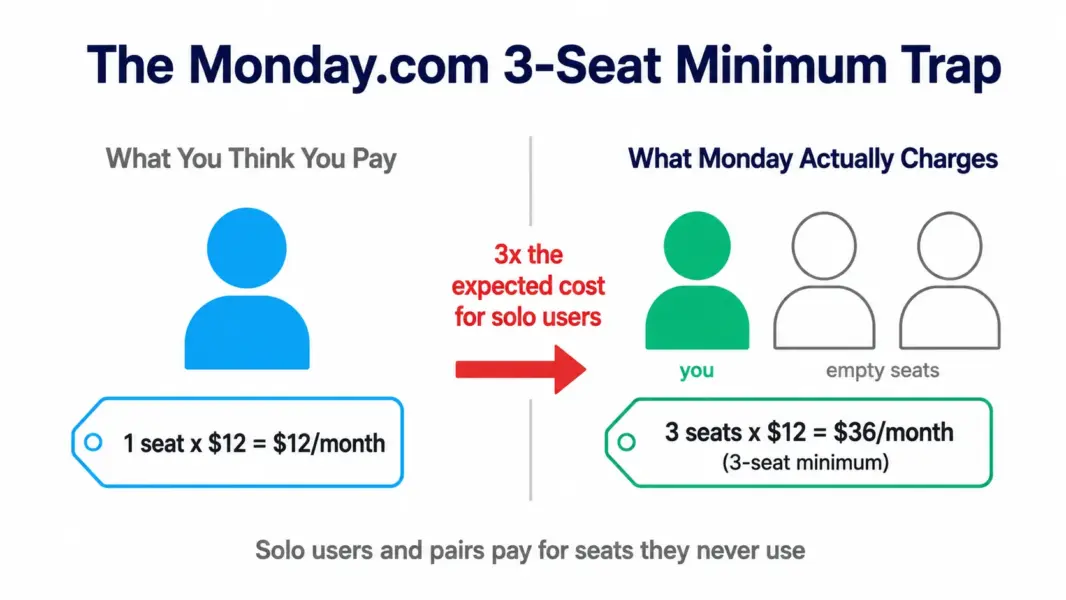 Comparison showing Monday.com solo users expect to pay $12 for one seat but actually pay $36 for three seats due to the 3-seat minimum