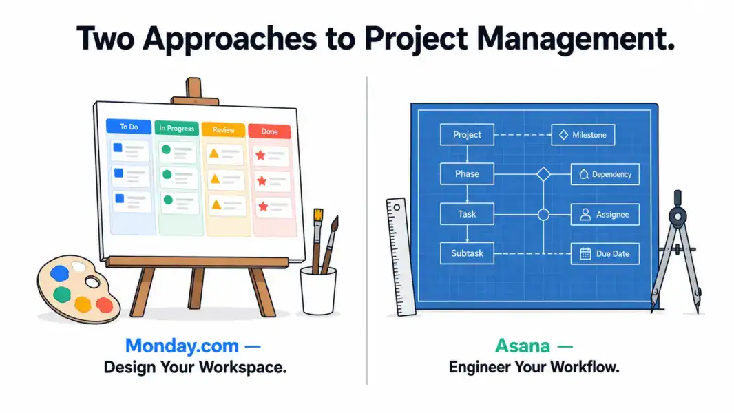 Illustration comparing Monday.com as a visual design approach and Asana as a structured engineering approach to project management