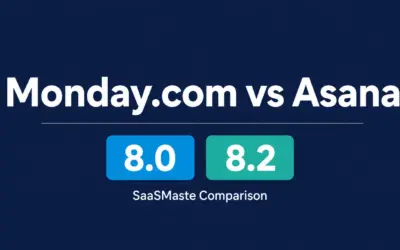 Monday.com vs Asana comparison by SaaSMaste showing ratings of 8.0 and 8.2