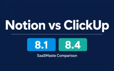 Notion vs ClickUp comparison by SaaSMaste showing ratings of 8.1 and 8.4