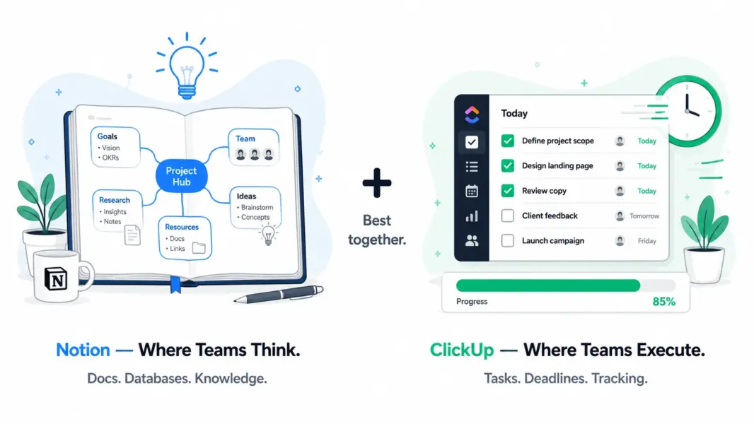 Illustration showing Notion as the thinking and knowledge workspace versus ClickUp as the execution and project tracking platform
