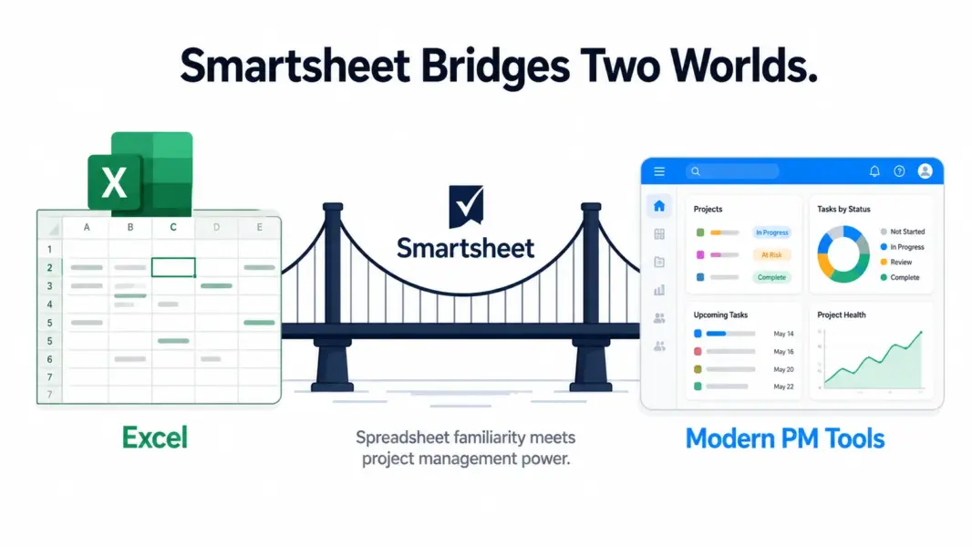 Illustration showing Smartsheet as a bridge between traditional Excel spreadsheets and modern project management tools