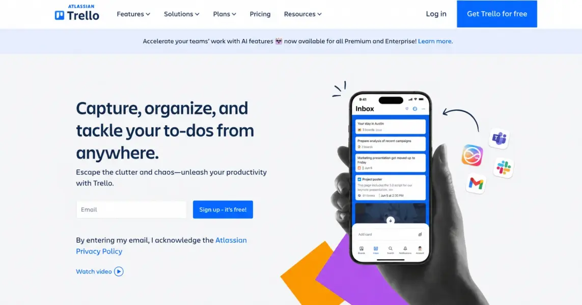 Trello homepage showing the simple kanban board interface