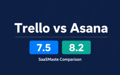 Trello vs Asana comparison by SaaSMaste showing ratings of 7.5 and 8.2