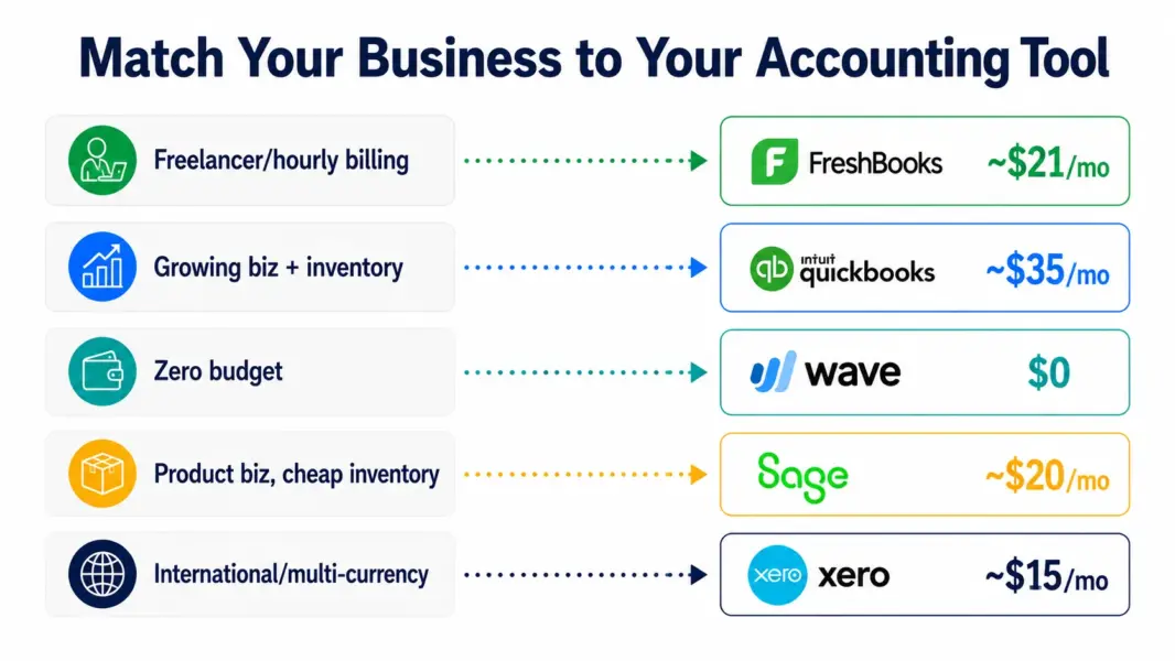 Five business types matched to accounting software from freelancers to FreshBooks through international businesses to Xero