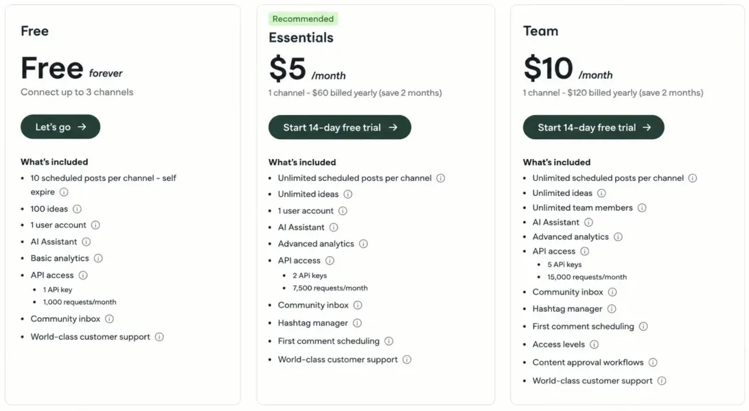 Buffer pricing page showing free plan and paid tiers at $5-10 per channel per month