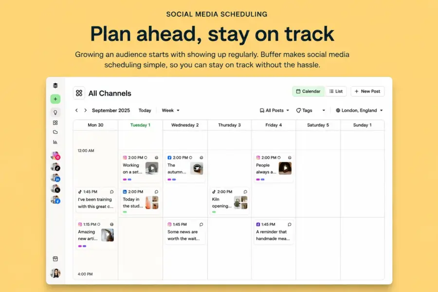 Buffer publishing queue showing scheduled social media posts across multiple channels 