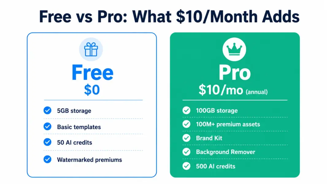 Canva Free versus Pro comparison showing what $10 per month adds including 100M premium assets and Brand Kit