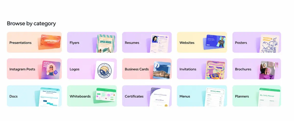 Canva free template gallery showing thousands of templates across social media, presentation, flyer, and video categories