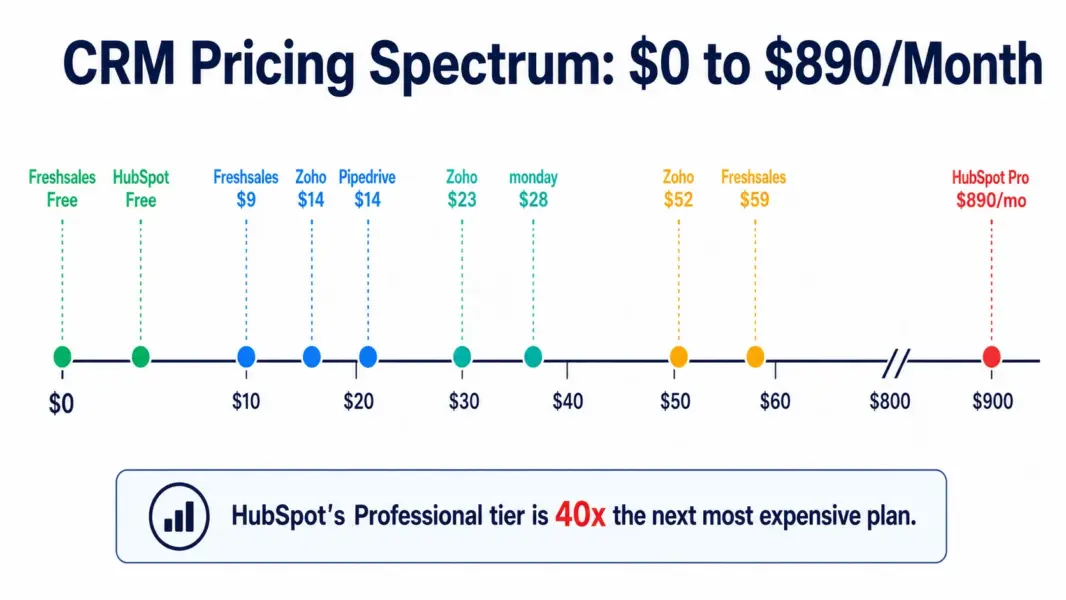 CRM pricing spectrum showing most platforms clustered between $0 and $59 per user with HubSpot Professional as a $890 outlier 