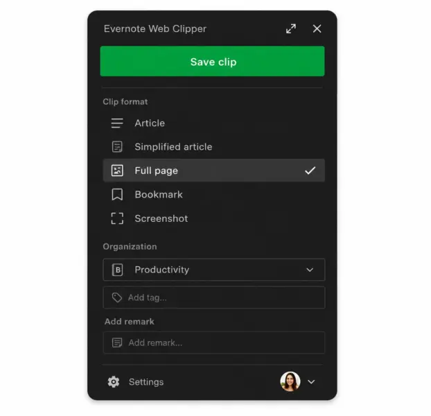 Evernote web clipper showing four capture modes including full page, simplified article, selection, and screenshot