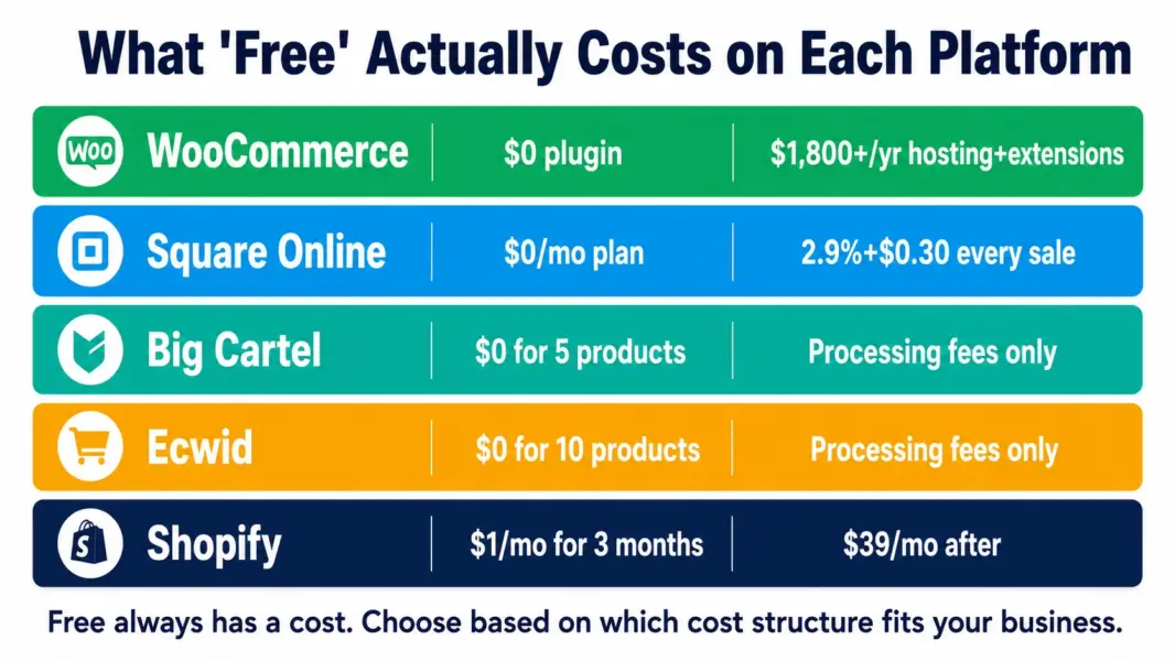 Breakdown showing what each free ecommerce platform actually costs from WooCommerce's $1,800 per year hosting to Big Cartel's processing-only fees