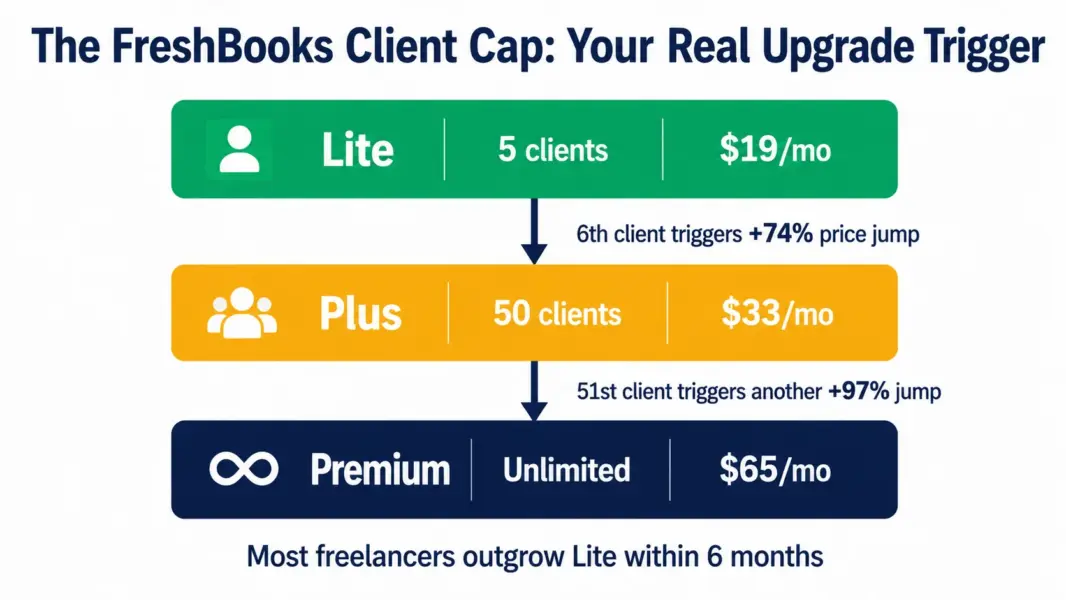 Visual showing FreshBooks client cap tiers where adding a 6th client forces a 74% price jump from Lite to Plus and a 51st client forces another 97% jump to Premium