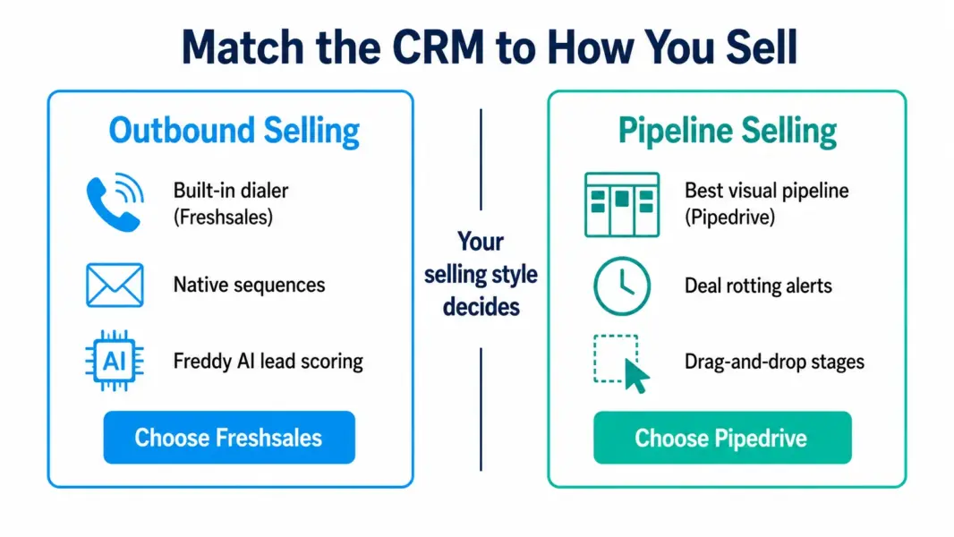 Two-panel diagram showing outbound selling teams should choose Freshsales for its built-in dialer and AI scoring while pipeline selling teams should choose Pipedrive for its visual deal management