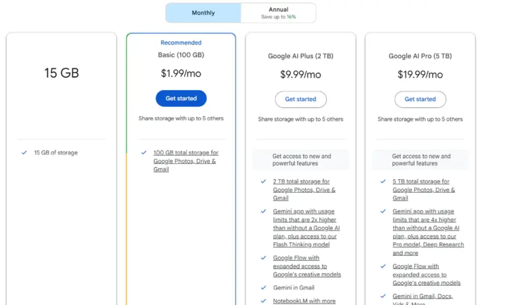 Google One storage plans showing 15GB free and 100GB at $1.99 per month