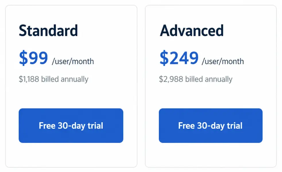 Hootsuite pricing page showing Standard at $99 per user and Advanced at $249 per user per month