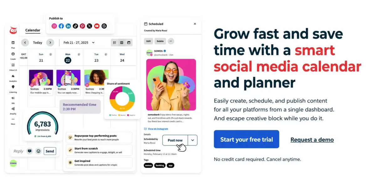 Hootsuite publishing calendar showing scheduled posts across multiple social platforms 