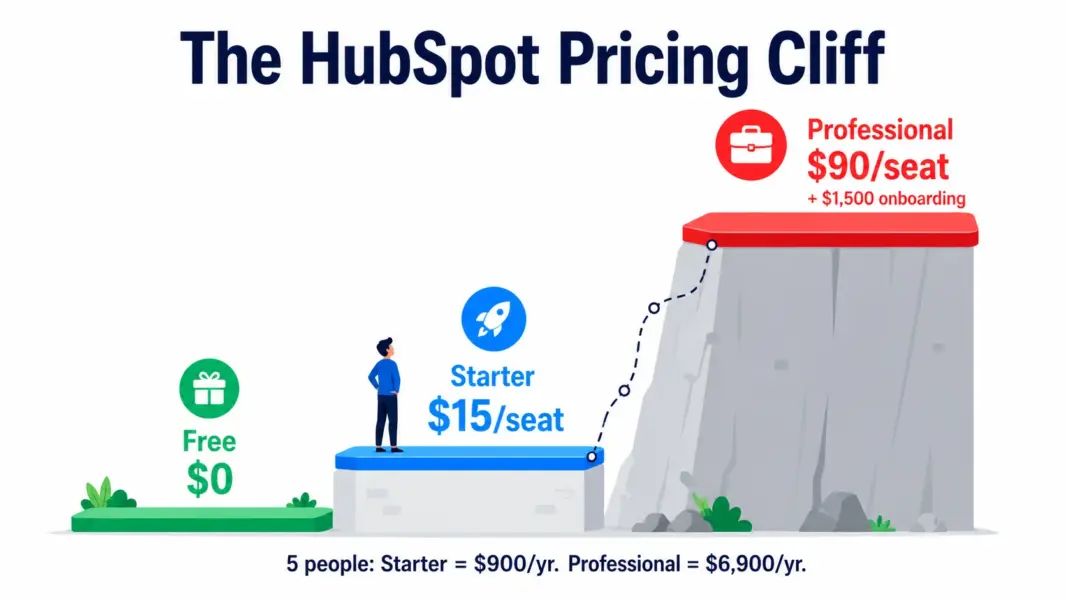 HubSpot pricing cliff visualization showing the jump from Starter $15 to Professional $90 per seat