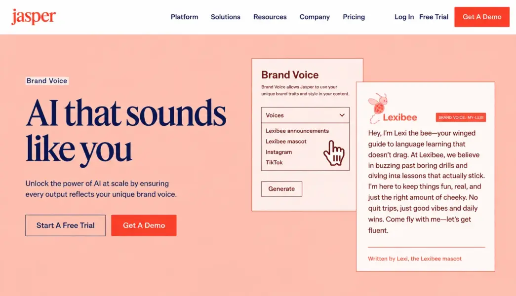 Jasper Brand Voice interface showing how the tool learns brand tone from uploaded content samples