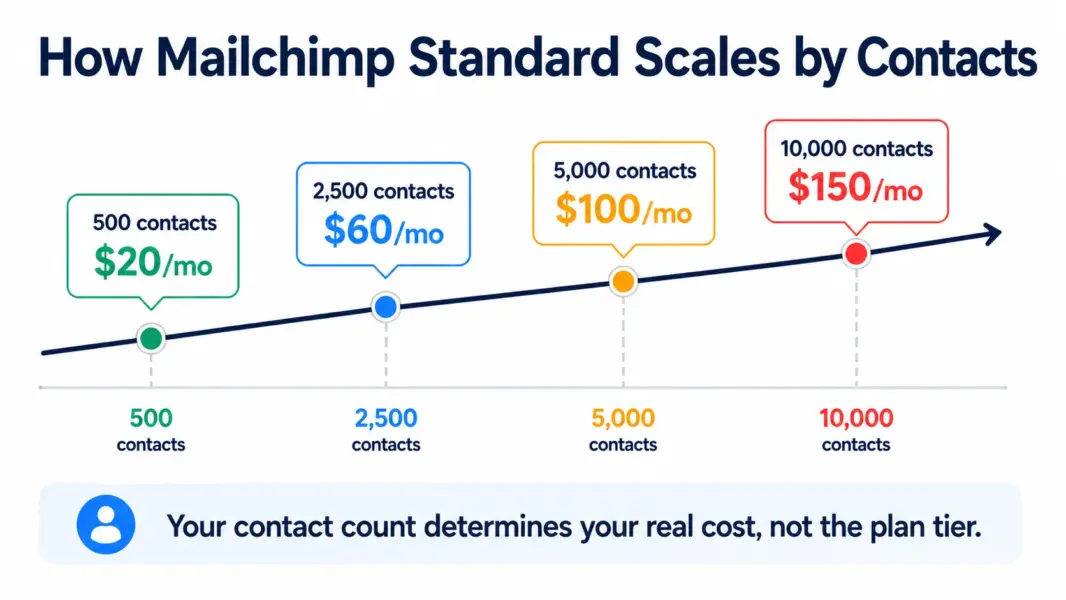 Mailchimp Standard plan cost scaling from $20 at 500 contacts to $150 at 10,000 contacts