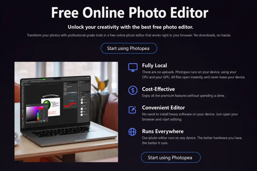 Photopea browser-based editor showing a Photoshop-like interface with layers panel and familiar toolbar layout