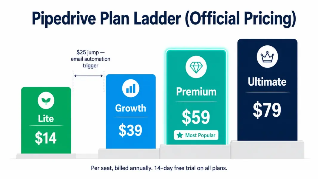 Pipedrive official plan ladder showing Lite $14 through Ultimate $79 per seat with the $25 gap to Growth highlighted