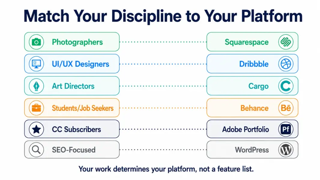 Six creative disciplines matched to their ideal portfolio platform from photographers to Squarespace through UI designers to Dribbble