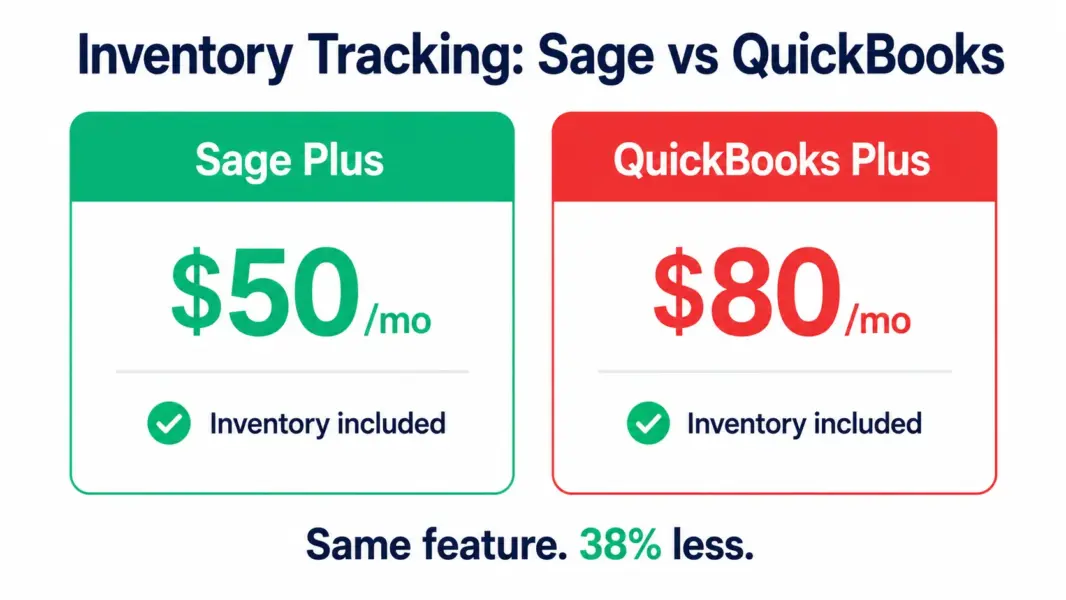 Sage includes inventory at $50 per month versus QuickBooks at $80 per month