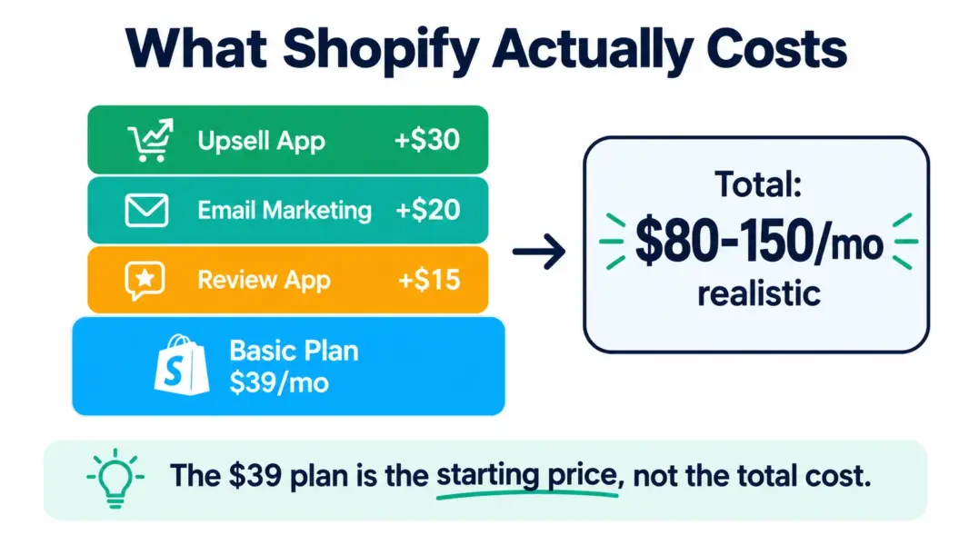 Shopify real cost breakdown showing $39 base plus apps totaling $80 to $150 per month