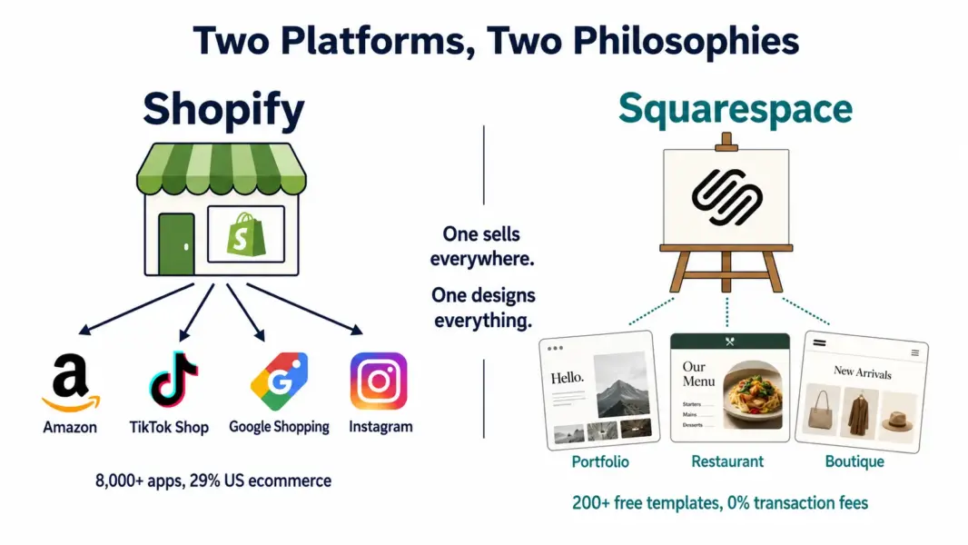 Split diagram showing Shopify's multi-channel selling reach versus Squarespace's design template strength