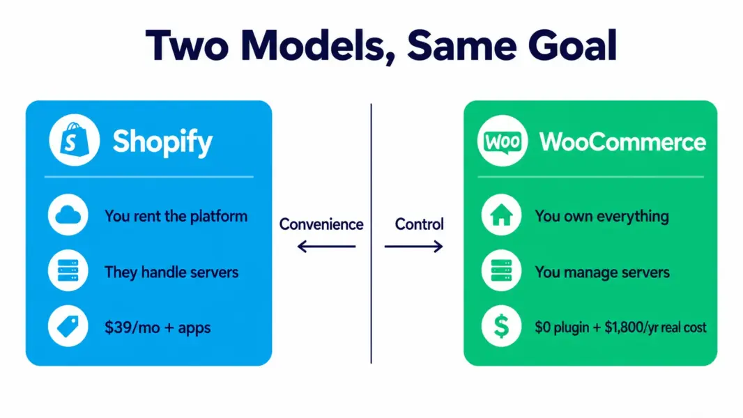 Shopify managed platform model versus WooCommerce ownership model showing convenience versus control tradeoff